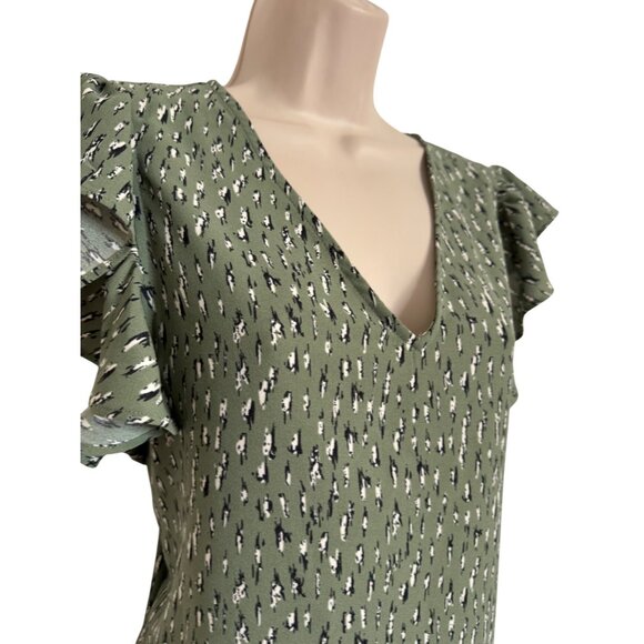Adrianna Papell Size Medium Flutter Sleeve V Neck Olive Black NWT Polyester - Picture 8 of 8